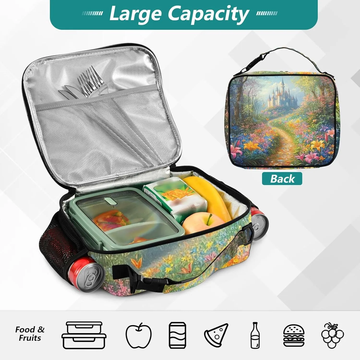Lunch Bag Lunch Box for Women Men Insulated Cooler Bag Reusable Lunch Box Tote Bag with Strap for Work Picnic Bright Lily Flowers Bush and Forest Castle