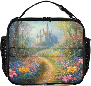 Lunch Bag Lunch Box for Women Men Insulated Cooler Bag Reusable Lunch Box Tote Bag with Strap for Work Picnic Bright Lily Flowers Bush and Forest Castle