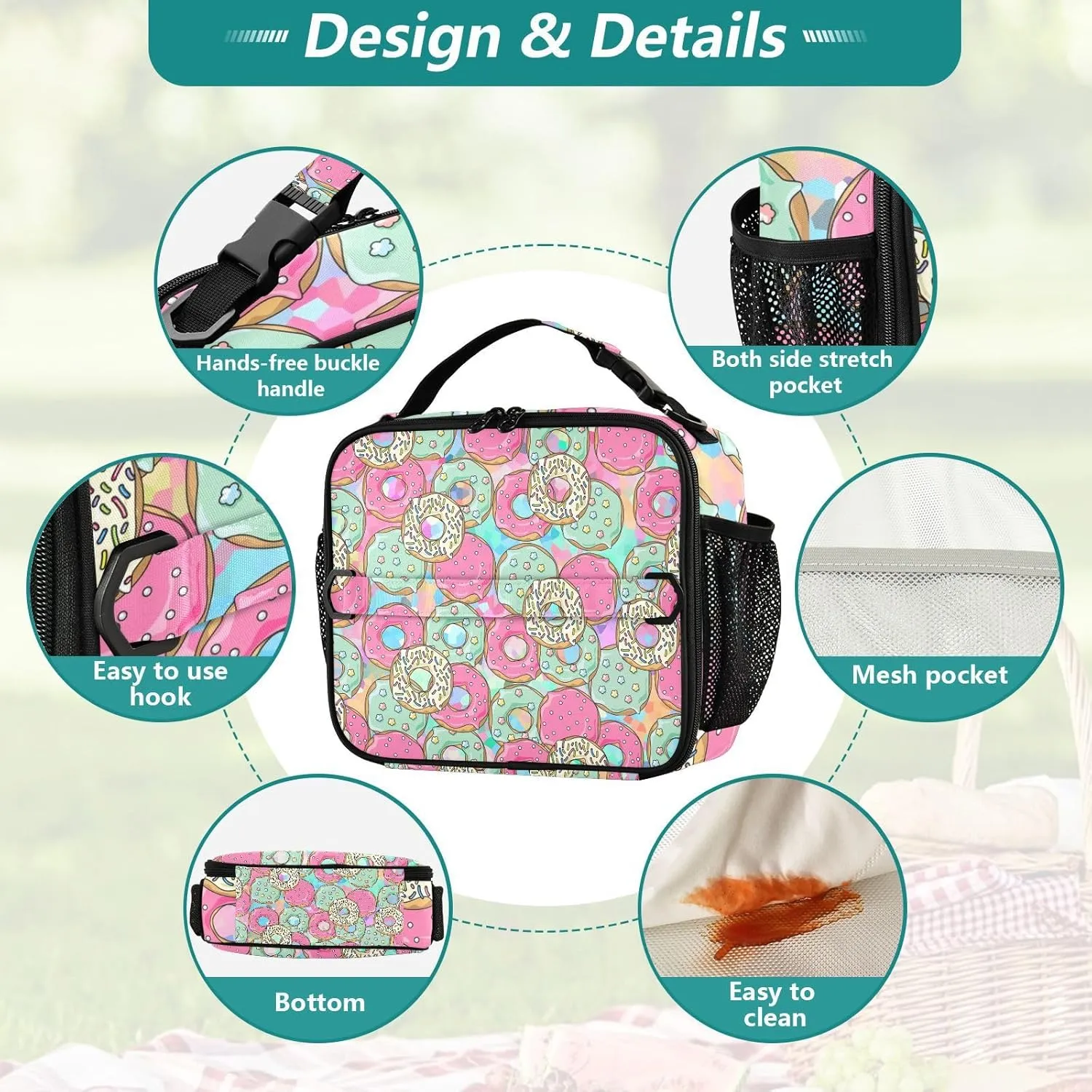 Lunch Bag Lunch Box for Women Men Insulated Cooler Bag Reusable Lunch Box Tote Bag with Strap for Work Picnic Pink and Green Donut