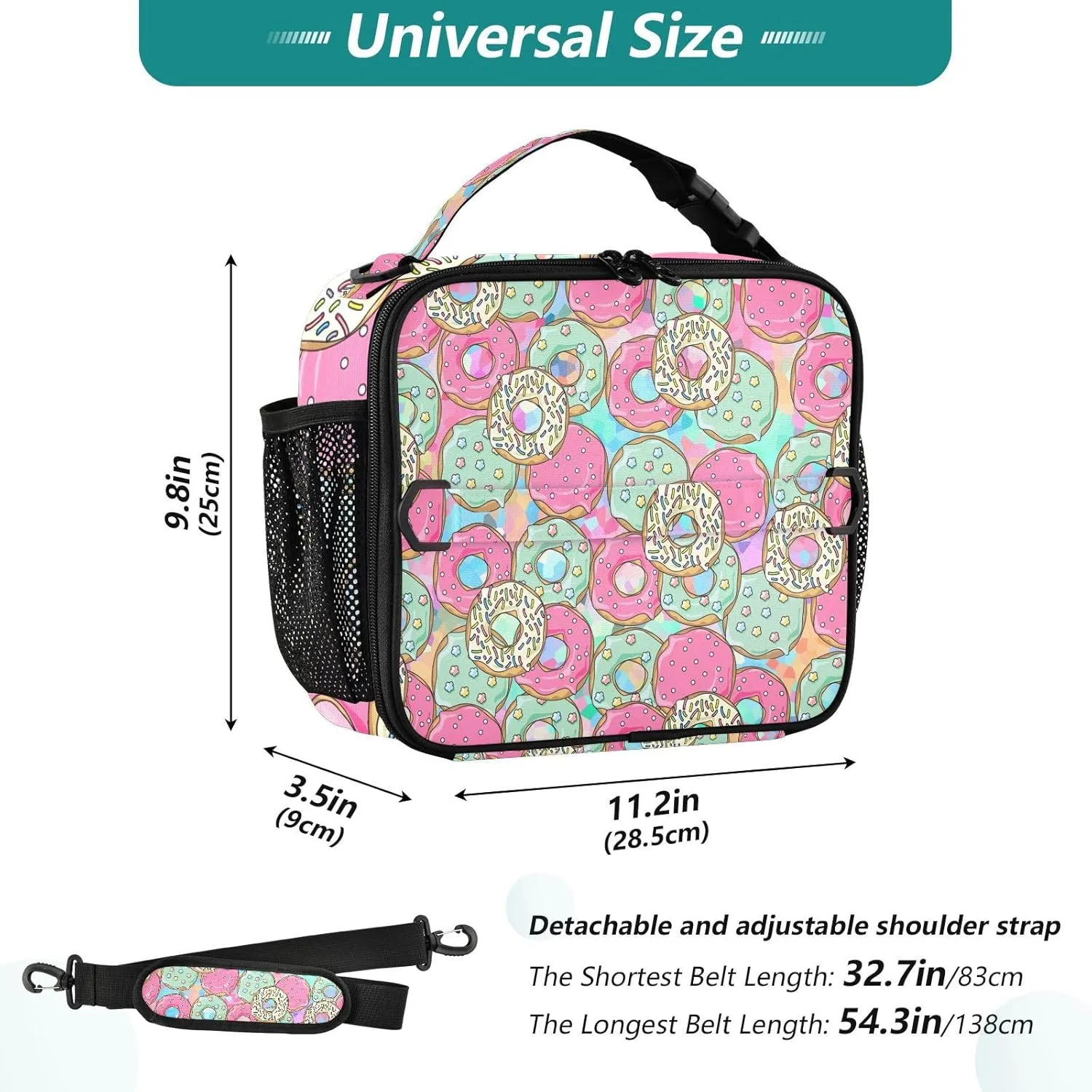 Lunch Bag Lunch Box for Women Men Insulated Cooler Bag Reusable Lunch Box Tote Bag with Strap for Work Picnic Pink and Green Donut