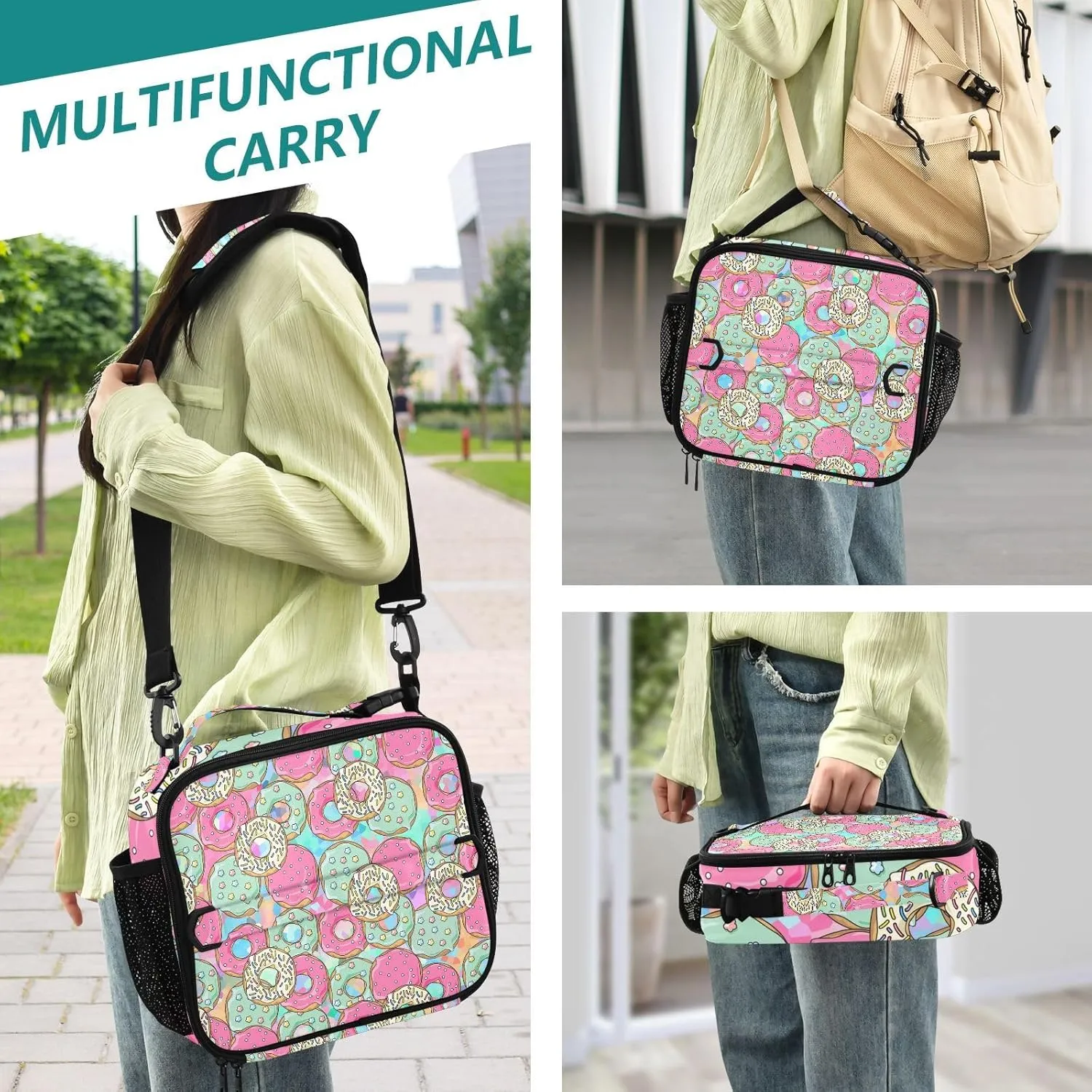Lunch Bag Lunch Box for Women Men Insulated Cooler Bag Reusable Lunch Box Tote Bag with Strap for Work Picnic Pink and Green Donut