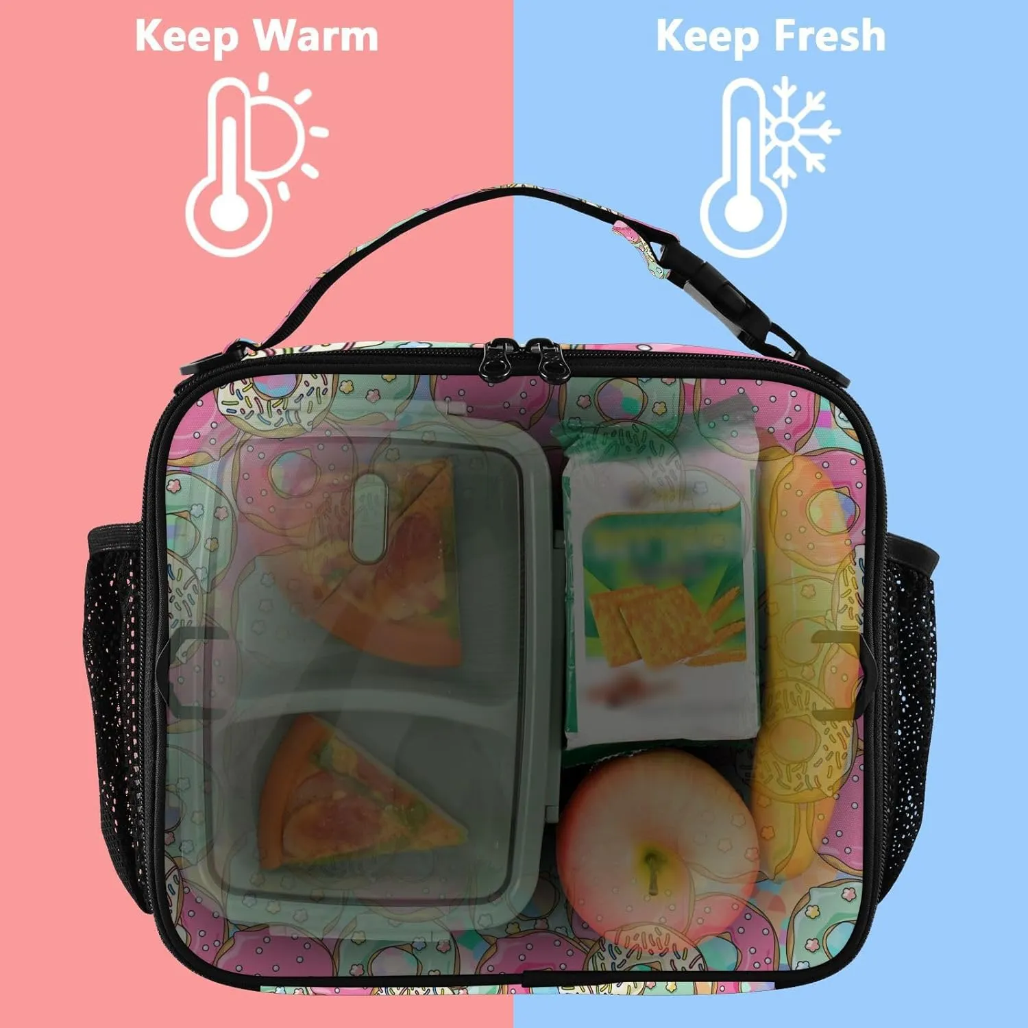 Lunch Bag Lunch Box for Women Men Insulated Cooler Bag Reusable Lunch Box Tote Bag with Strap for Work Picnic Pink and Green Donut