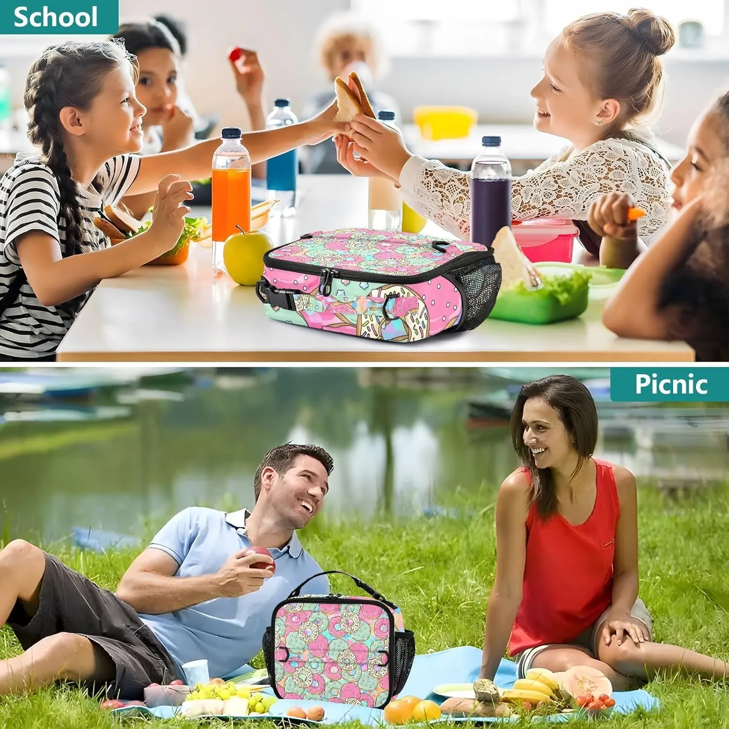 Lunch Bag Lunch Box for Women Men Insulated Cooler Bag Reusable Lunch Box Tote Bag with Strap for Work Picnic Pink and Green Donut