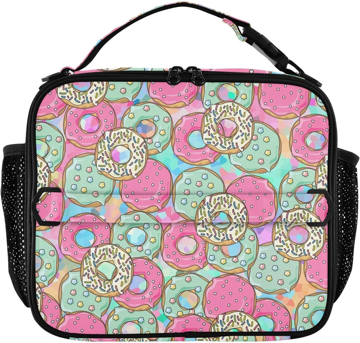 Lunch Bag Lunch Box for Women Men Insulated Cooler Bag Reusable Lunch Box Tote Bag with Strap for Work Picnic Pink and Green Donut