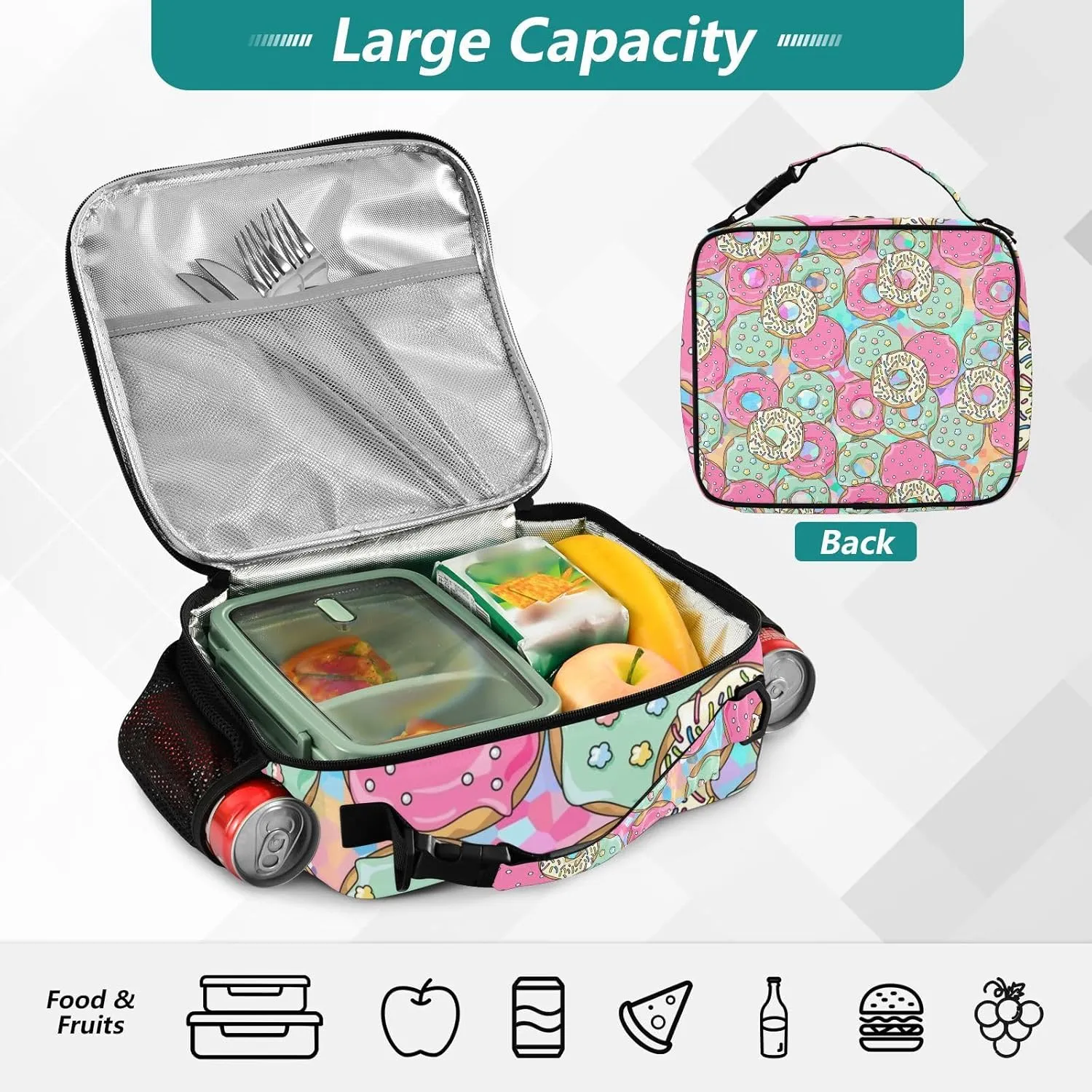 Lunch Bag Lunch Box for Women Men Insulated Cooler Bag Reusable Lunch Box Tote Bag with Strap for Work Picnic Pink and Green Donut