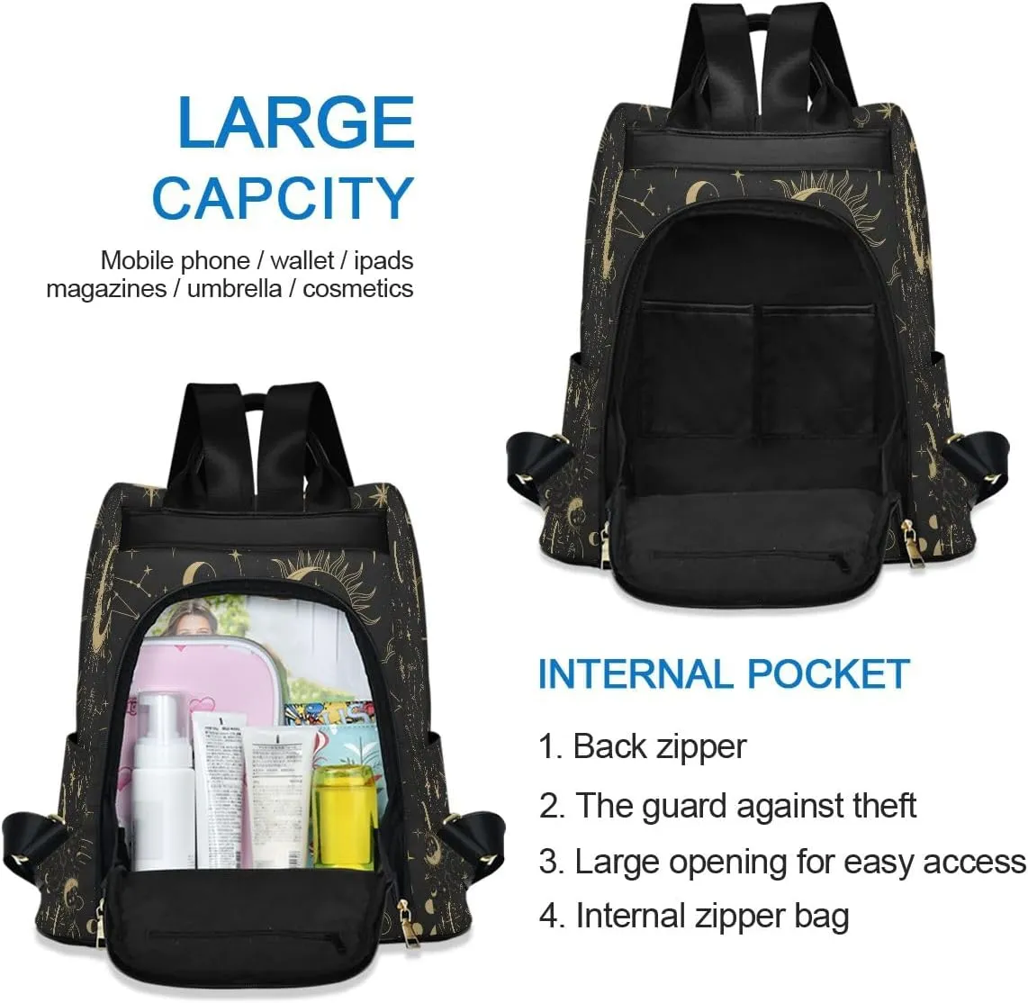 Magic Boho Sun Constellation Moon Anti-Theft Women Backpack Purse for Fashion Bag Travel School Back Pack Rucksack Shoulder Bag
