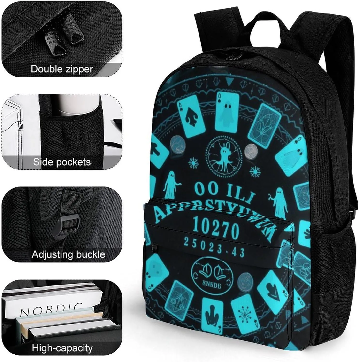 Magic Spirit Board Cards Art Rucksack Polyester Anti-Theft Multipurpose Bookbag Big Capacity Travel and Sport Backpack Rucksack With Side Pockets