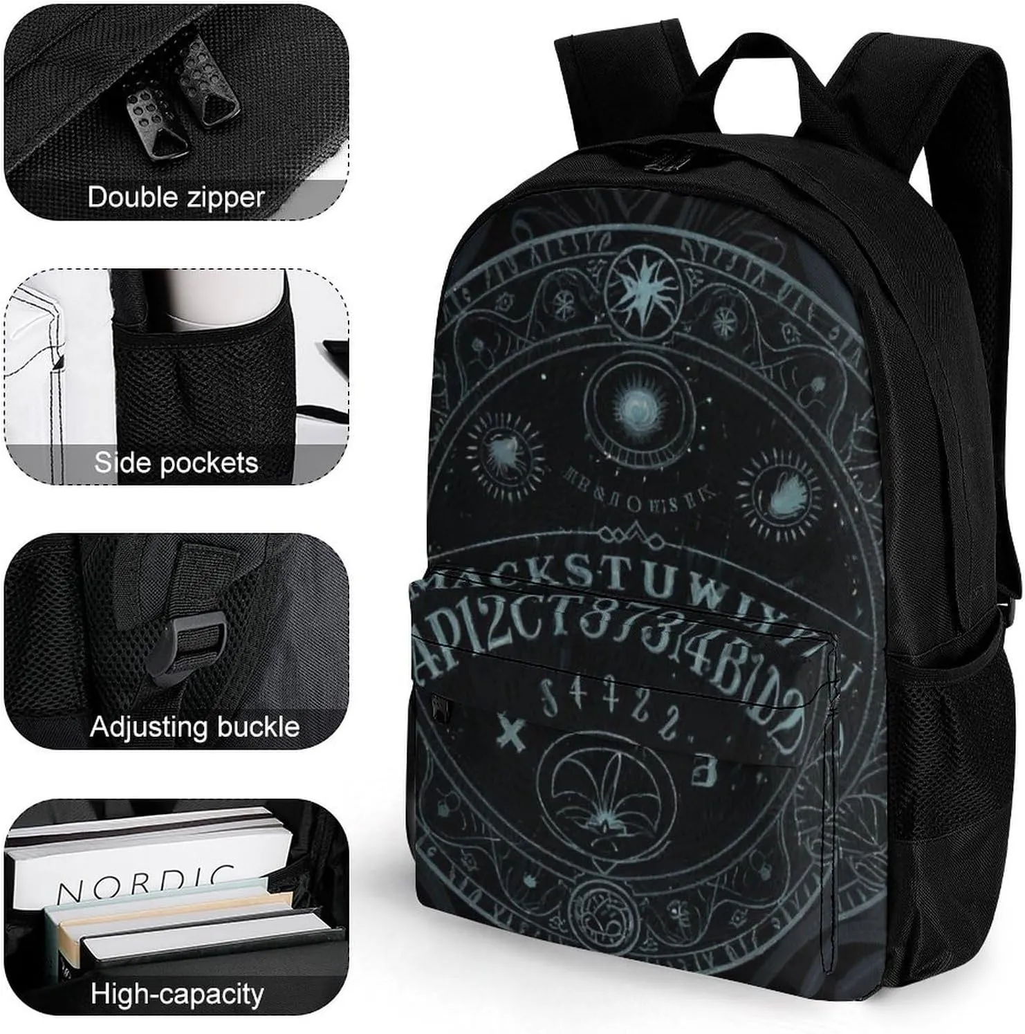 Magic Spirit Board Witch Art Backpack Polyester Anti-Theft Multipurpose Bookbag Large Capacity Laptop Book Bag Rucksack With Side Pockets