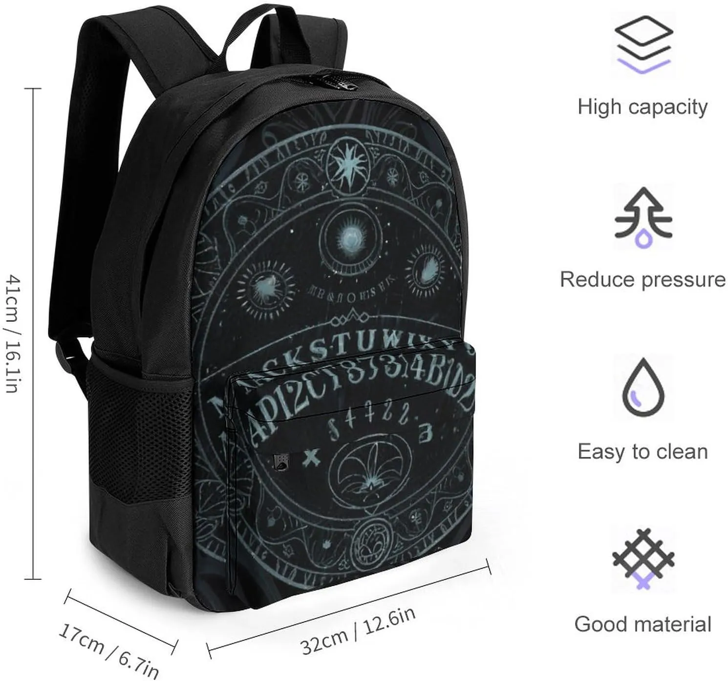 Magic Spirit Board Witch Art Backpack Polyester Anti-Theft Multipurpose Bookbag Large Capacity Laptop Book Bag Rucksack With Side Pockets