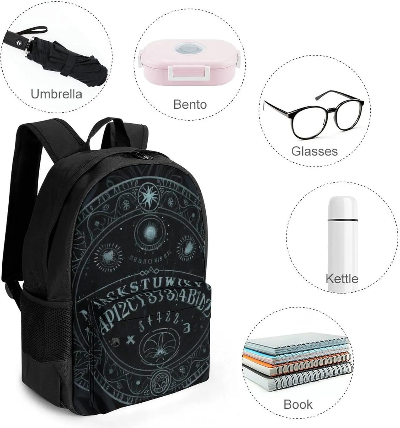 Magic Spirit Board Witch Art Backpack Polyester Anti-Theft Multipurpose Bookbag Large Capacity Laptop Book Bag Rucksack With Side Pockets