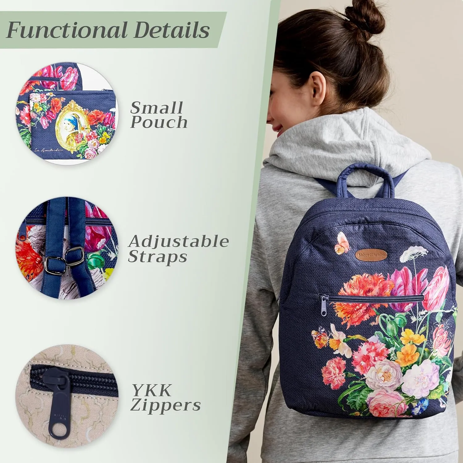 Maison d' Hermine Backpack for Women Men Cotton Shoulder Multipurpose Rucksack with Small Pouch Lightweight Multi Pocket Bag for Travel Work Beach Daypack Perfect for Gift (Master Piece)