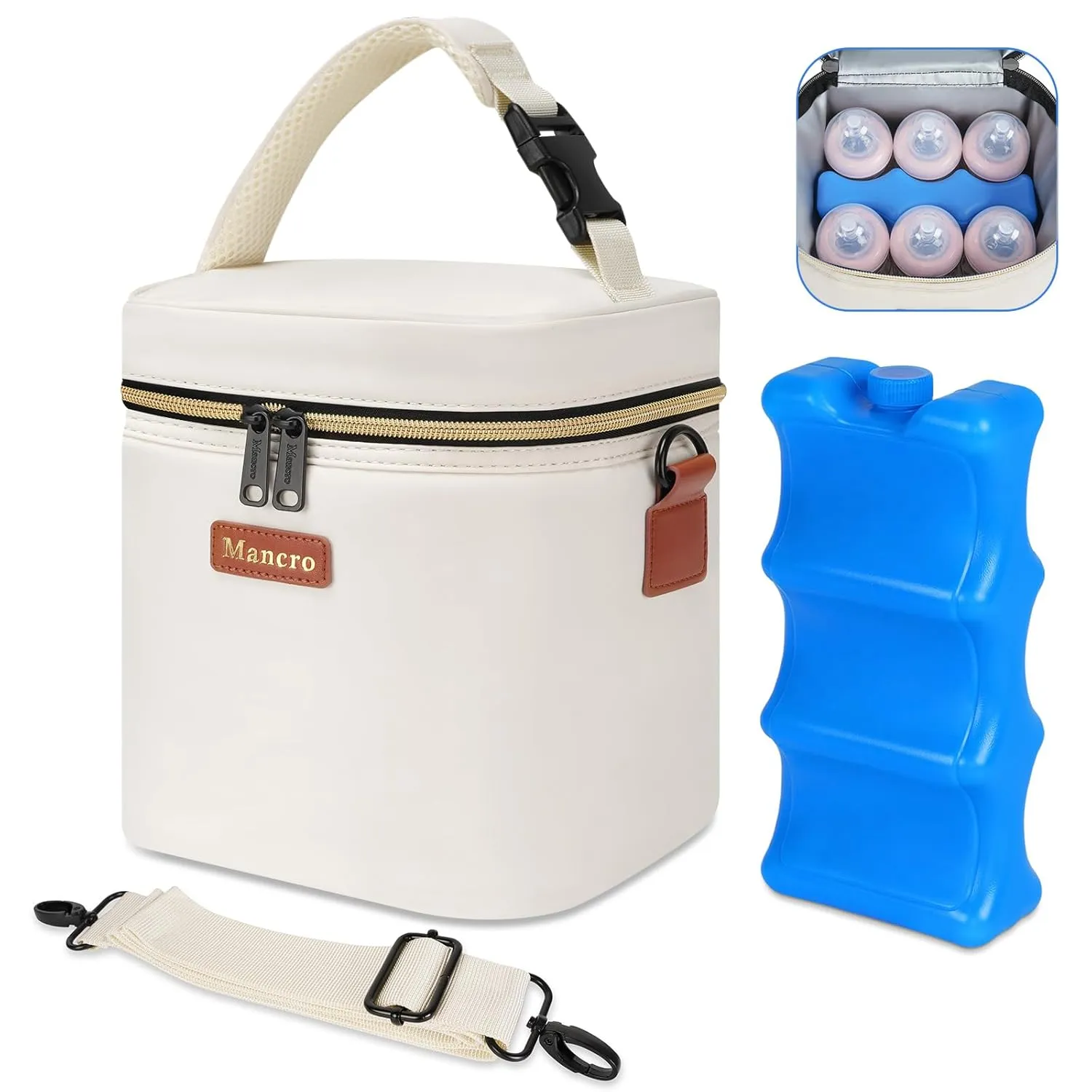 Mancro Breastmilk Cooler Bag with Ice Pack, Fits 6 Insulated Baby Bottles Up to 9 Ounce, Breast Milk Cooler for Nursing Mom (Cream)