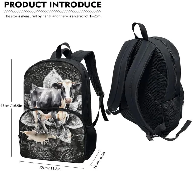 Mandala Lotus Flower School Backpack for Kids, Milk Cow Large Capacity Water Bottle Holder Daypack, Creativity Vintage Splash Resistant Bookbag Camping Study Rucksack