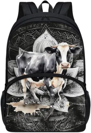 Mandala Lotus Flower School Backpack for Kids, Milk Cow Large Capacity Water Bottle Holder Daypack, Creativity Vintage Splash Resistant Bookbag Camping Study Rucksack