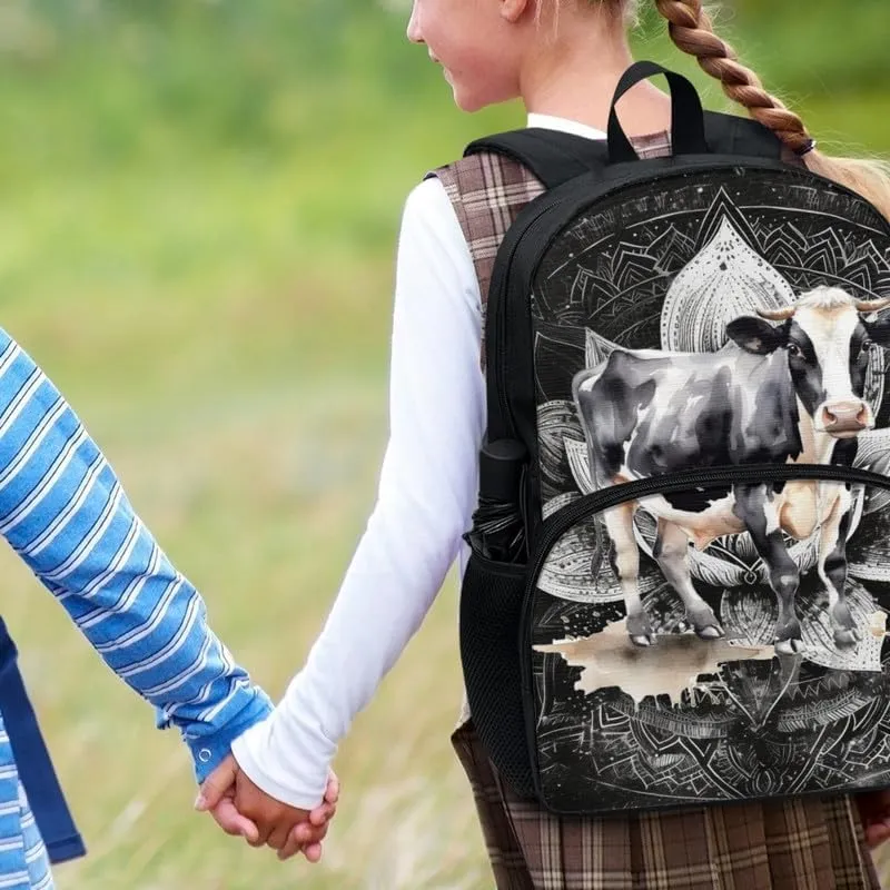 Mandala Lotus Flower School Backpack for Kids, Milk Cow Large Capacity Water Bottle Holder Daypack, Creativity Vintage Splash Resistant Bookbag Camping Study Rucksack