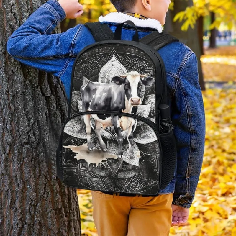 Mandala Lotus Flower School Backpack for Kids, Milk Cow Large Capacity Water Bottle Holder Daypack, Creativity Vintage Splash Resistant Bookbag Camping Study Rucksack