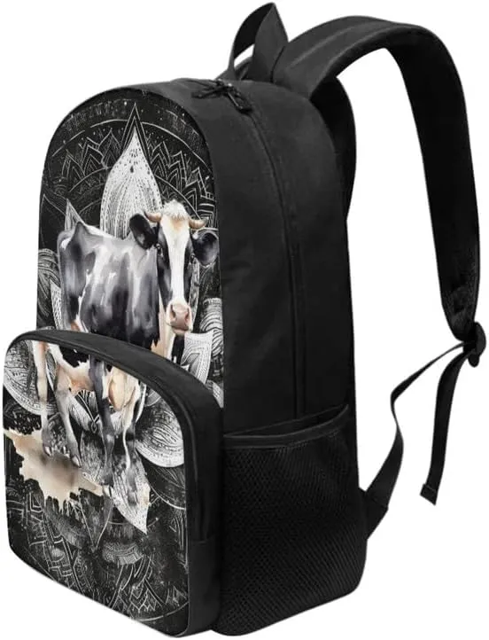 Mandala Lotus Flower School Backpack for Kids, Milk Cow Large Capacity Water Bottle Holder Daypack, Creativity Vintage Splash Resistant Bookbag Camping Study Rucksack