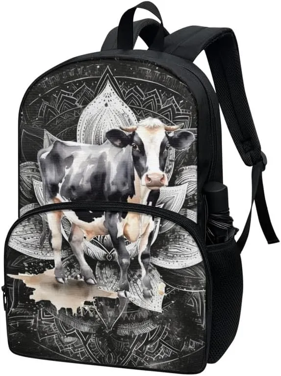 Mandala Lotus Flower School Backpack for Kids, Milk Cow Large Capacity Water Bottle Holder Daypack, Creativity Vintage Splash Resistant Bookbag Camping Study Rucksack