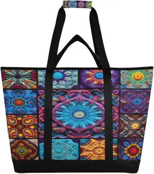 Mandala Pattern Reusable Insulated Lunchbox Cooler Bag, Leakproof Kitchen Grocery Bag Collapsible Portable Cooler Tote Bag for Picnic, Camping, Office, Travel