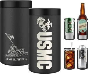 Marine Corps Can Cooler Stainless Steel USMC 12oz Beer Bottles, Standard & Slim Cans | Disabled Vet Owned Business | USMC 4 in1 Can Cooler