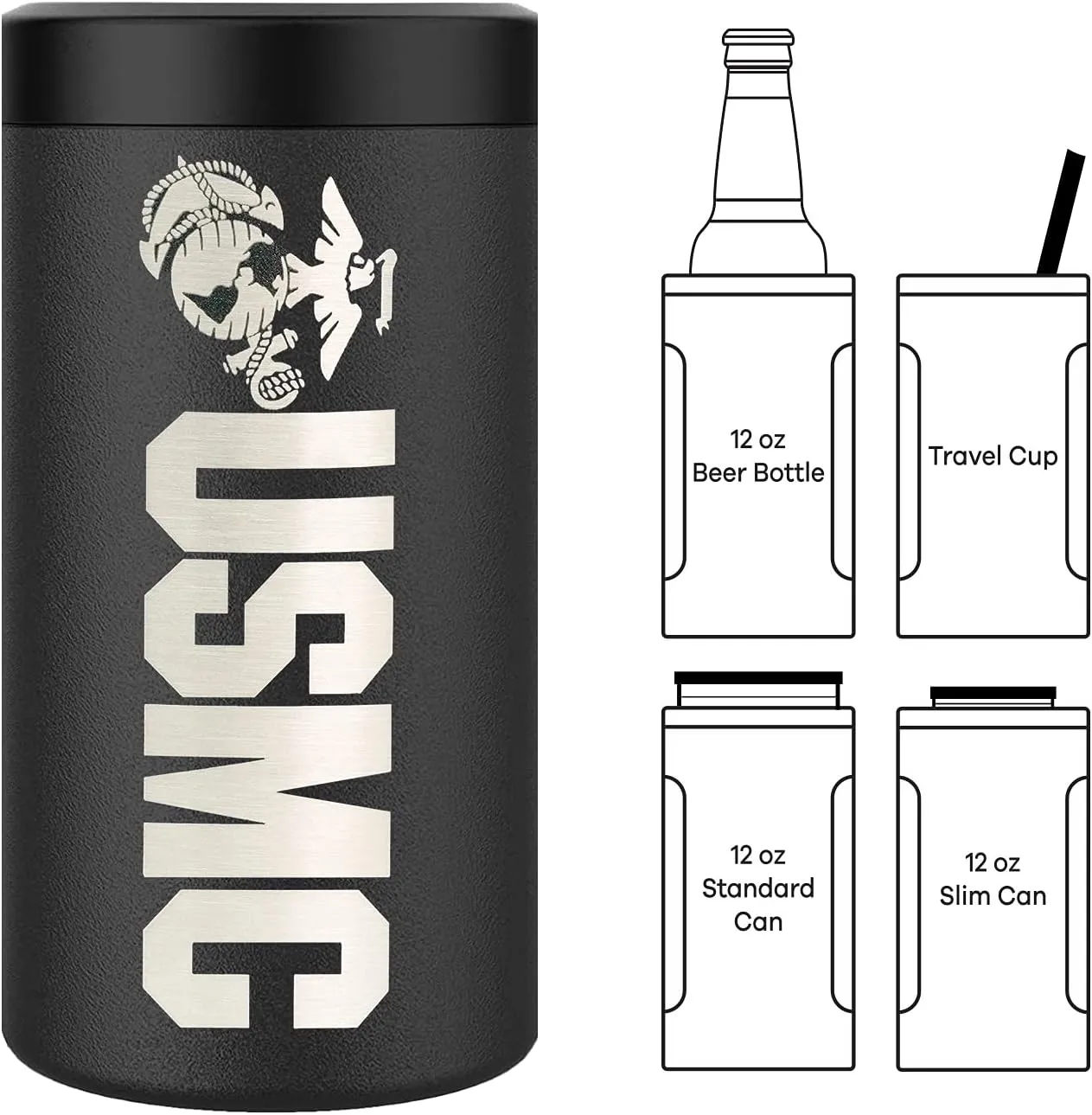 Marine Corps Can Cooler Stainless Steel USMC 12oz Beer Bottles, Standard & Slim Cans | Disabled Vet Owned Business | USMC 4 in1 Can Cooler