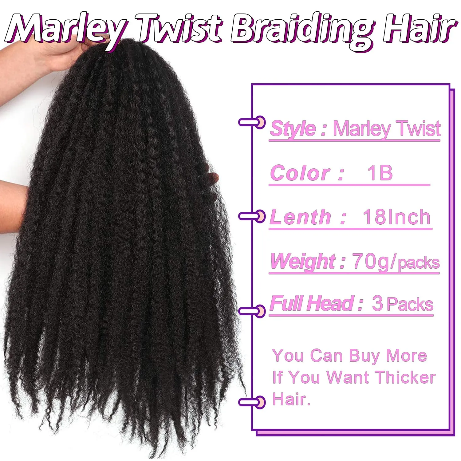 Marley Twist Braiding Hair-18 Inch 90Roots/unfold Soft Marley Twist Hair For Twists 3 Packs Lightweight Cuabn Twist Hair For Black Women (18 Inch 3 Packs, 1B#)