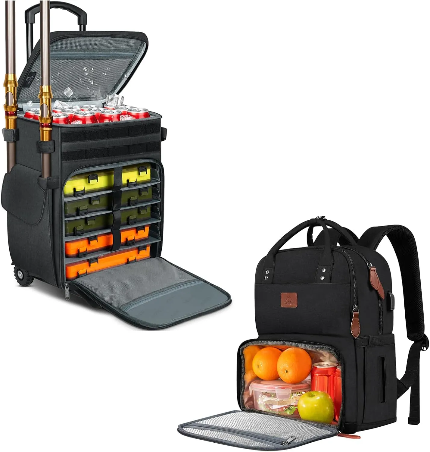 MATEIN Rolling Tackle Box with Cooler, Large Fishing Bag with Wheels for 5 Trays, Work Backpack Woman, Insulated Cooler Bag with Lunch Box, 15.6 Inch Laptop Backpack with USB Port