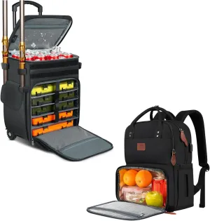 MATEIN Rolling Tackle Box with Cooler, Large Fishing Bag with Wheels for 5 Trays, Work Backpack Woman, Insulated Cooler Bag with Lunch Box, 15.6 Inch Laptop Backpack with USB Port