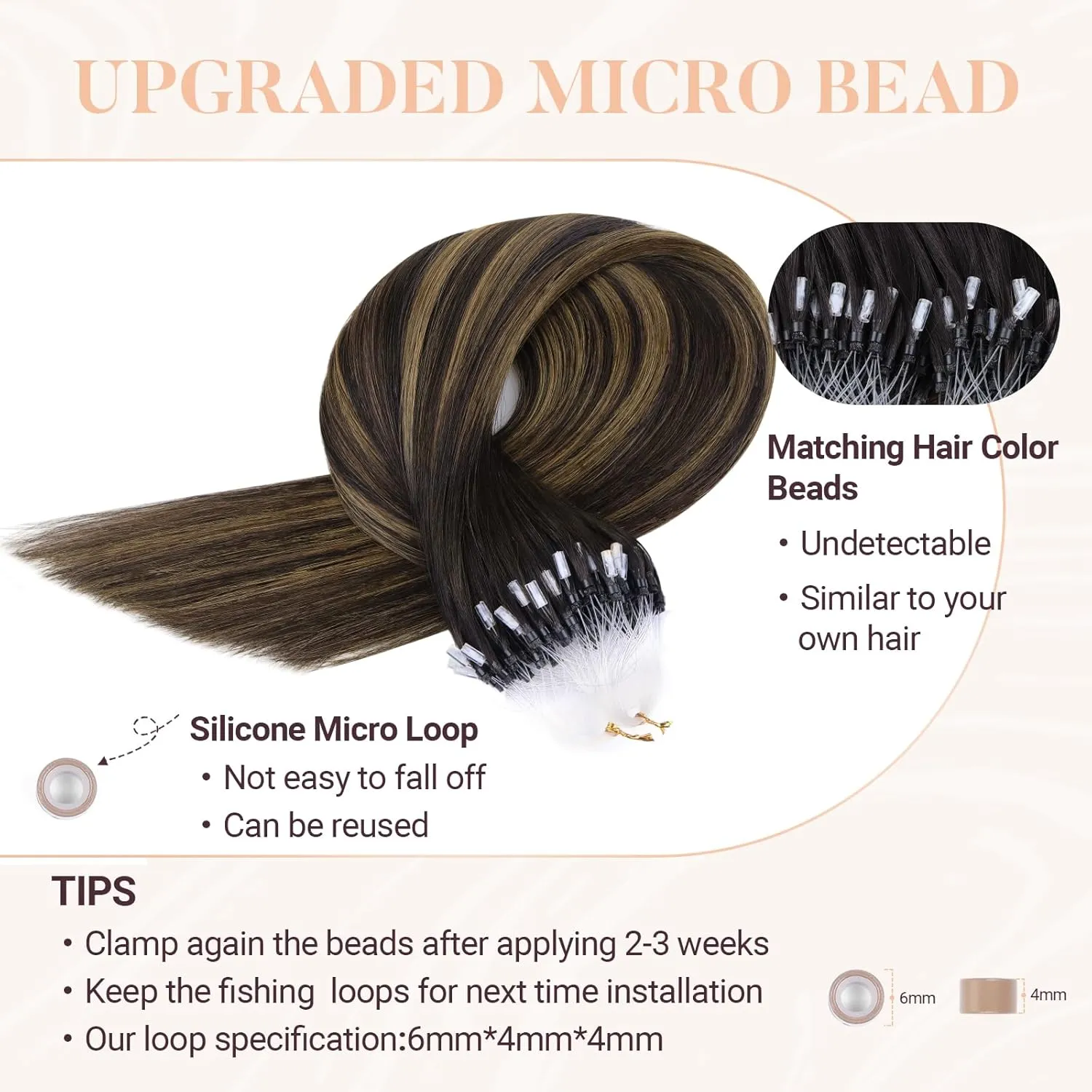 MAXITA Microlink Hair Extensions Human Hair Balayage Dark Brown Mixed Chestnut Brown Micro Bead Hair Extensions Virgin Human Hair, 50g/50 Strands/Pack, 14 In