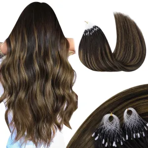 MAXITA Microlink Hair Extensions Human Hair Balayage Dark Brown Mixed Chestnut Brown Micro Bead Hair Extensions Virgin Human Hair, 50g/50 Strands/Pack, 14 In