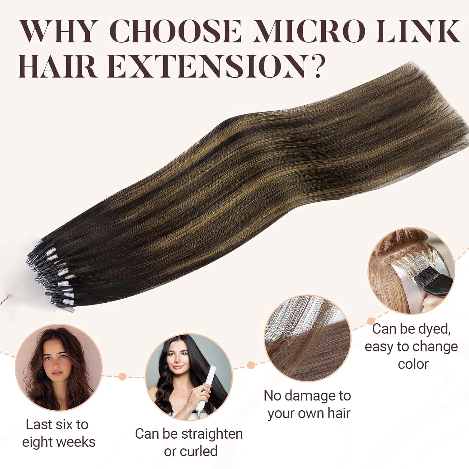 MAXITA Microlink Hair Extensions Human Hair Balayage Dark Brown Mixed Chestnut Brown Micro Bead Hair Extensions Virgin Human Hair, 50g/50 Strands/Pack, 14 In