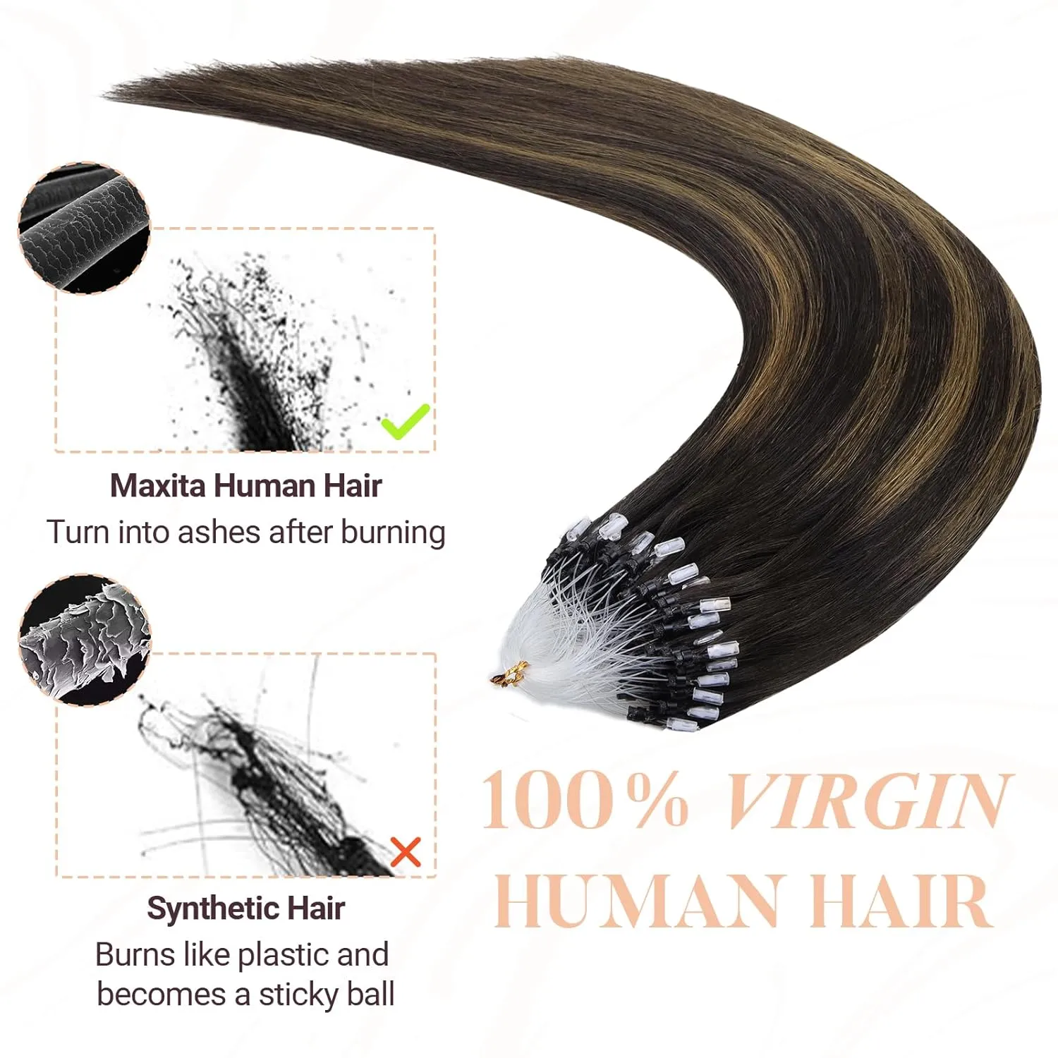 MAXITA Microlink Hair Extensions Human Hair Balayage Dark Brown Mixed Chestnut Brown Micro Bead Hair Extensions Virgin Human Hair, 50g/50 Strands/Pack, 14 In
