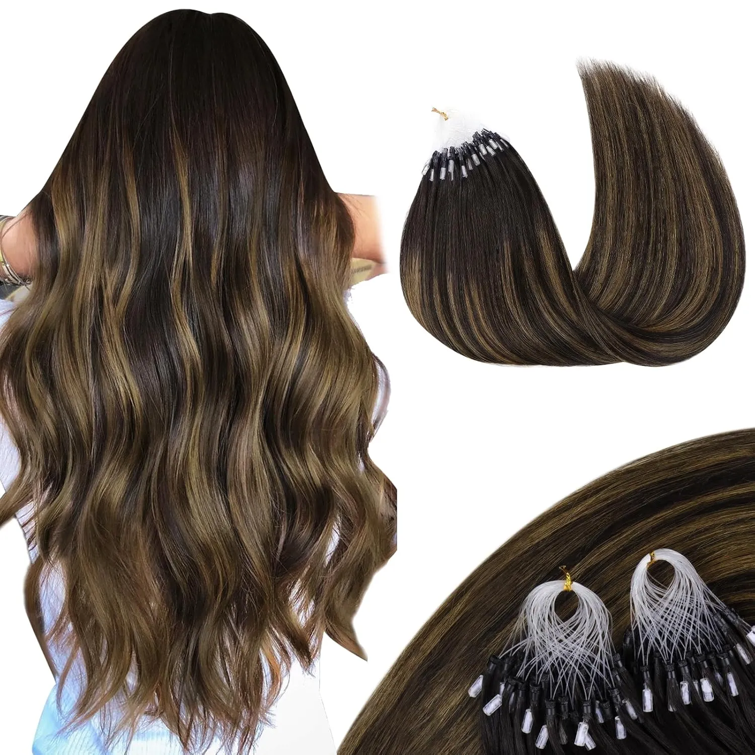 MAXITA Microlink Hair Extensions Human Hair Balayage Dark Brown Mixed Chestnut Brown Micro Bead Hair Extensions Virgin Human Hair, 50g/50 Strands/Pack, 14 In