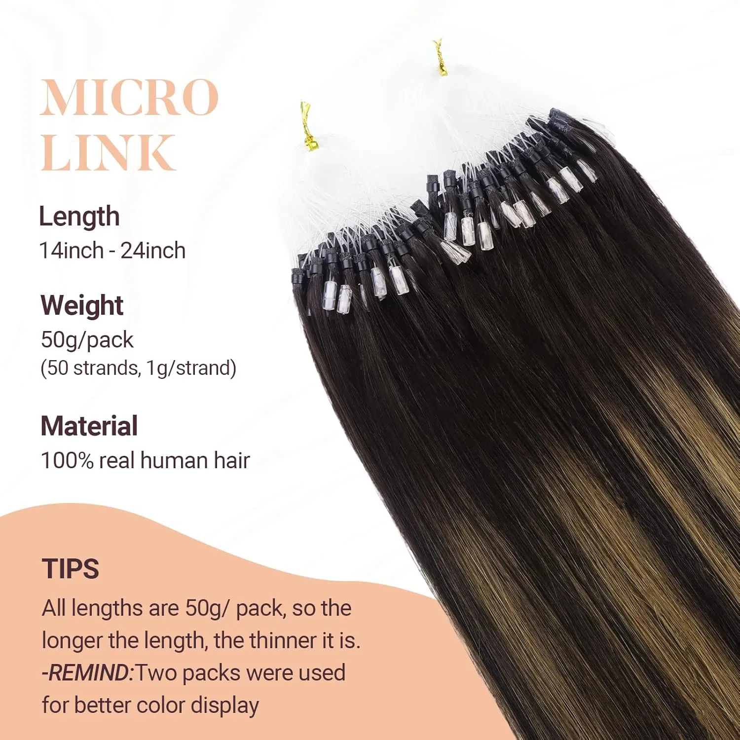MAXITA Microlink Hair Extensions Human Hair Balayage Dark Brown Mixed Chestnut Brown Micro Bead Hair Extensions Virgin Human Hair, 50g/50 Strands/Pack, 14 In