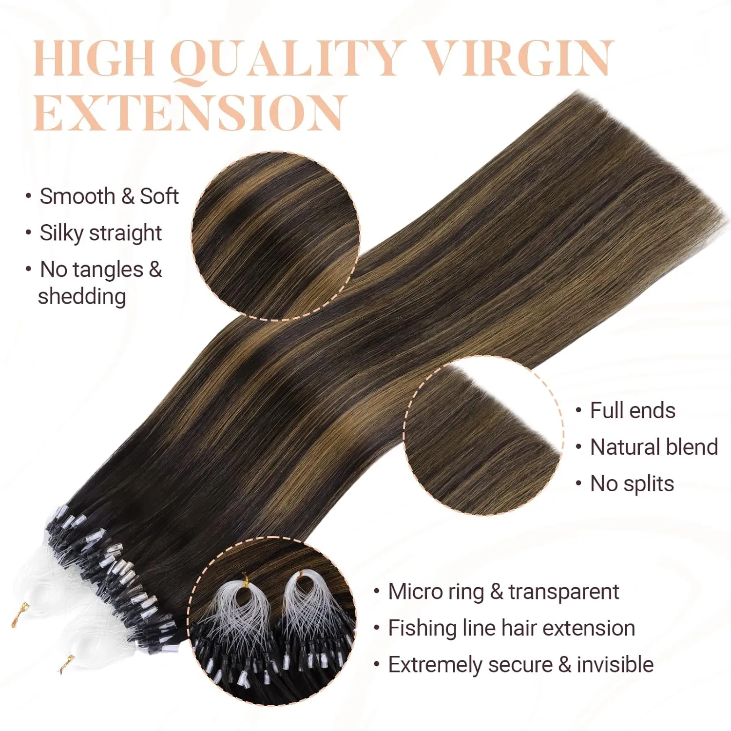 MAXITA Microlink Hair Extensions Human Hair Balayage Dark Brown Mixed Chestnut Brown Micro Bead Hair Extensions Virgin Human Hair, 50g/50 Strands/Pack, 14 In