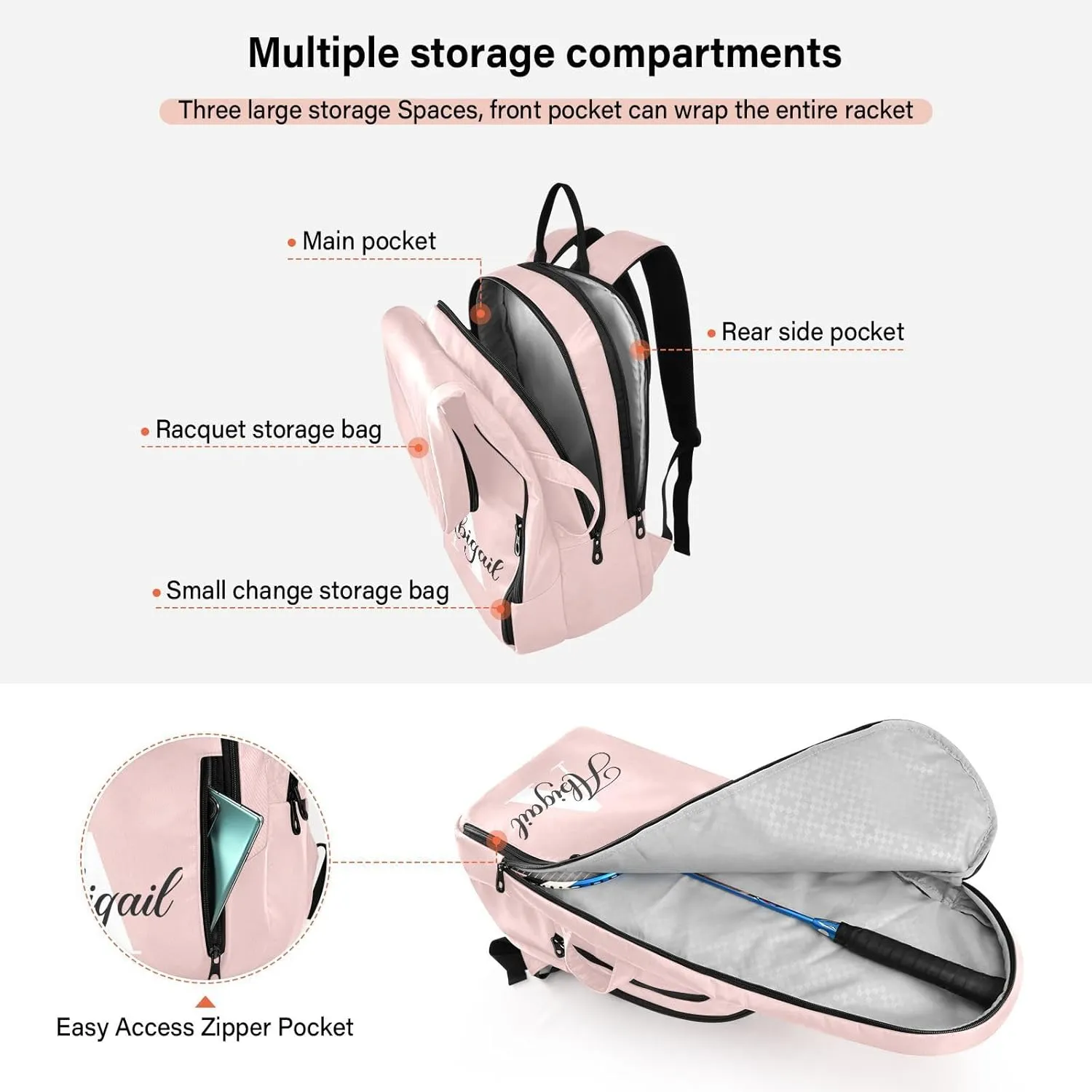 MCHIVER Custom Tennis Bags for Men Women Personalized Tennis Backpack Hold 2 Rackets Padel Sports Backpack 11.81 * 7.87 * 17.11in
