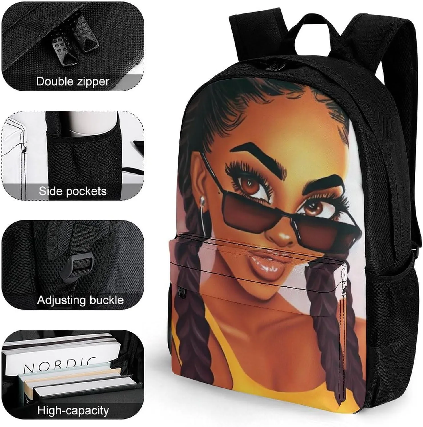 Men Women Lightweight Abstract Fashion Black Woman Art African American Women Art Backpack Large Capacity Carry On Bag With Padded Straps for Sports Work Walking Cycling