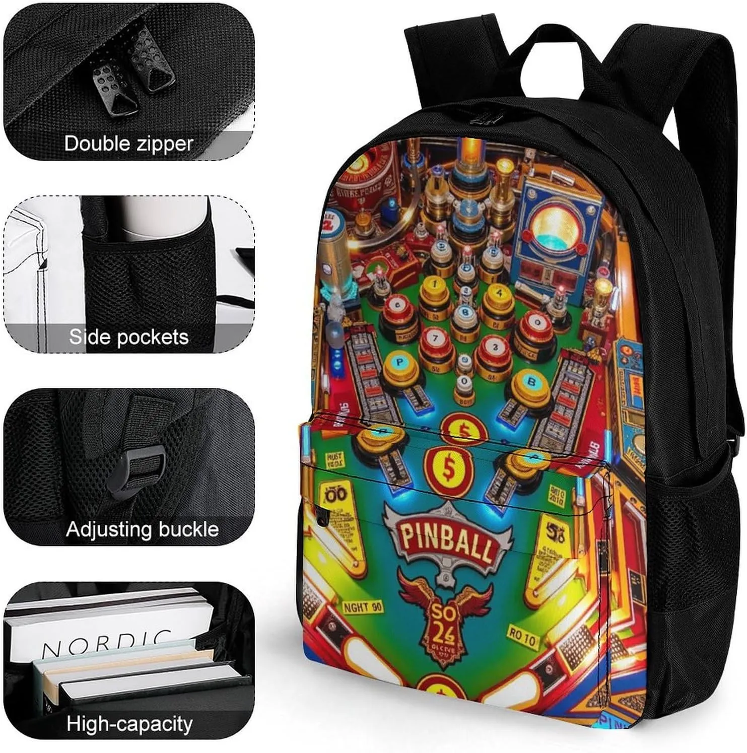 Men Women Lightweight Cartoon Pinball Orange Casual Daypack Big Capacity Bookbag With Padded Straps for Gym Travel Walking Cycling