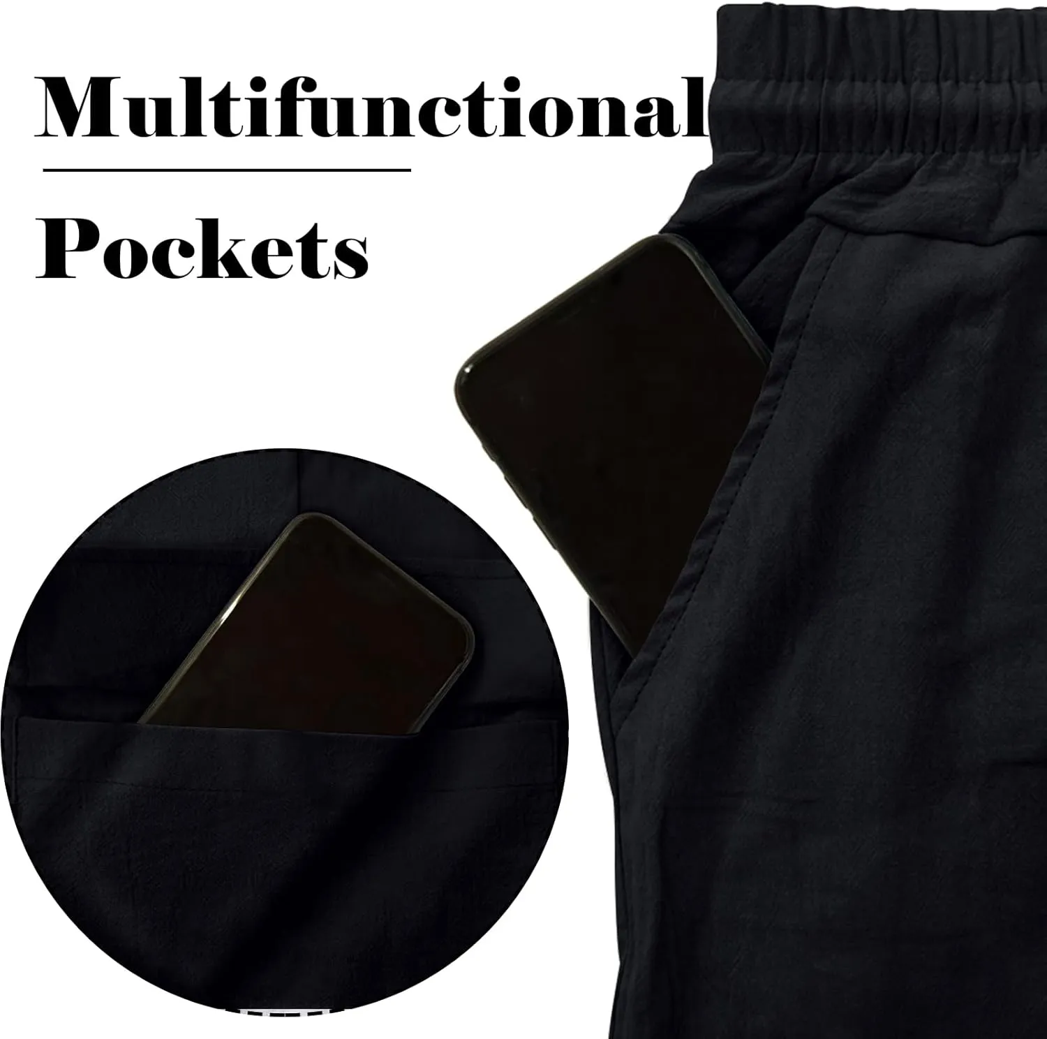 Mens Casual Cargo Pants Summer Vacation Lightweight Drawstring Pants Elastic Waist Beach Yoga Trousers with Pockets