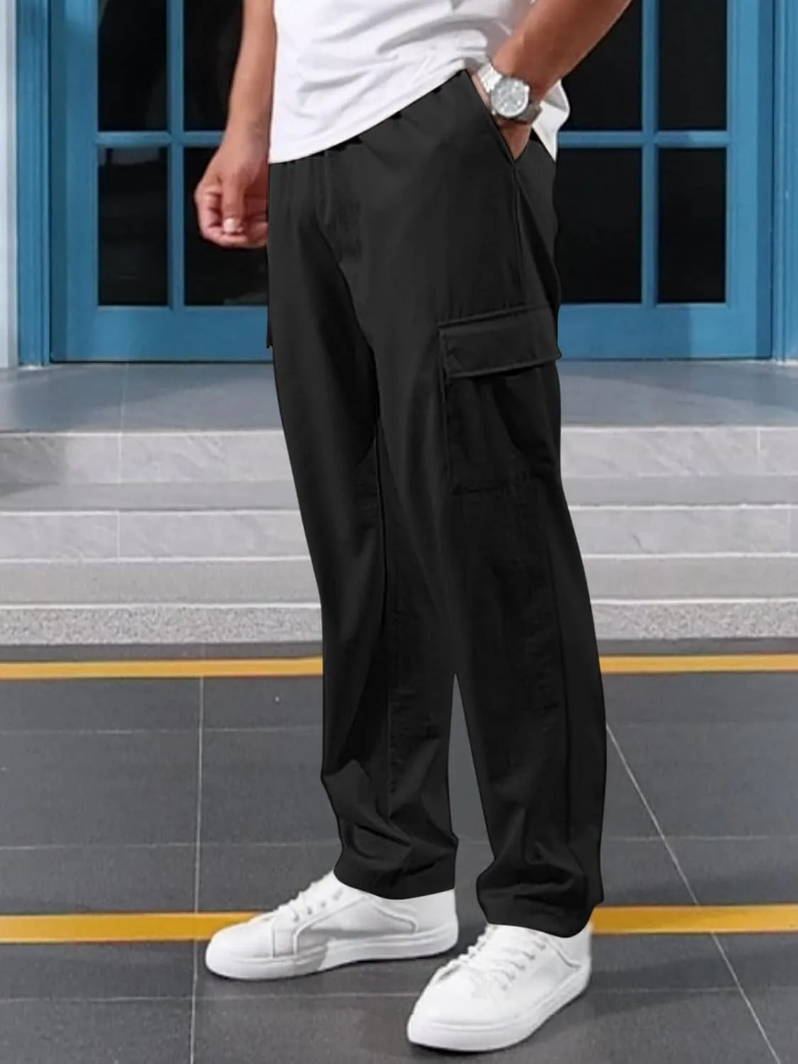 Mens Casual Cargo Pants Summer Vacation Lightweight Drawstring Pants Elastic Waist Beach Yoga Trousers with Pockets