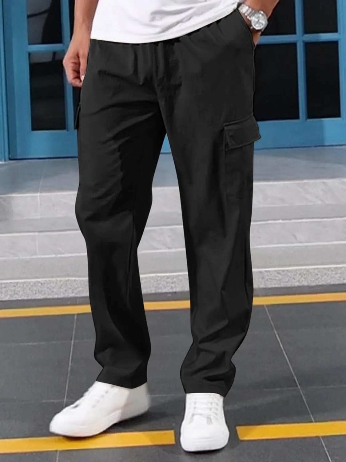 Mens Casual Cargo Pants Summer Vacation Lightweight Drawstring Pants Elastic Waist Beach Yoga Trousers with Pockets