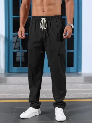 Mens Casual Cargo Pants Summer Vacation Lightweight Drawstring Pants Elastic Waist Beach Yoga Trousers with Pockets