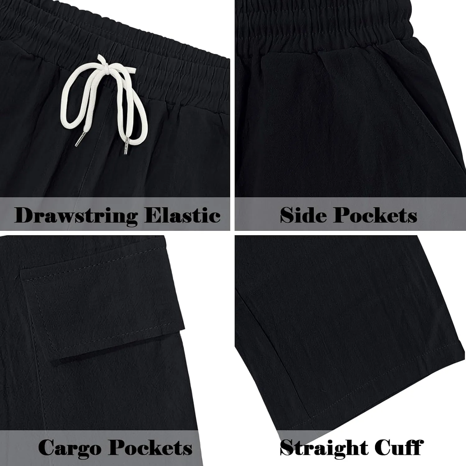 Mens Casual Cargo Pants Summer Vacation Lightweight Drawstring Pants Elastic Waist Beach Yoga Trousers with Pockets