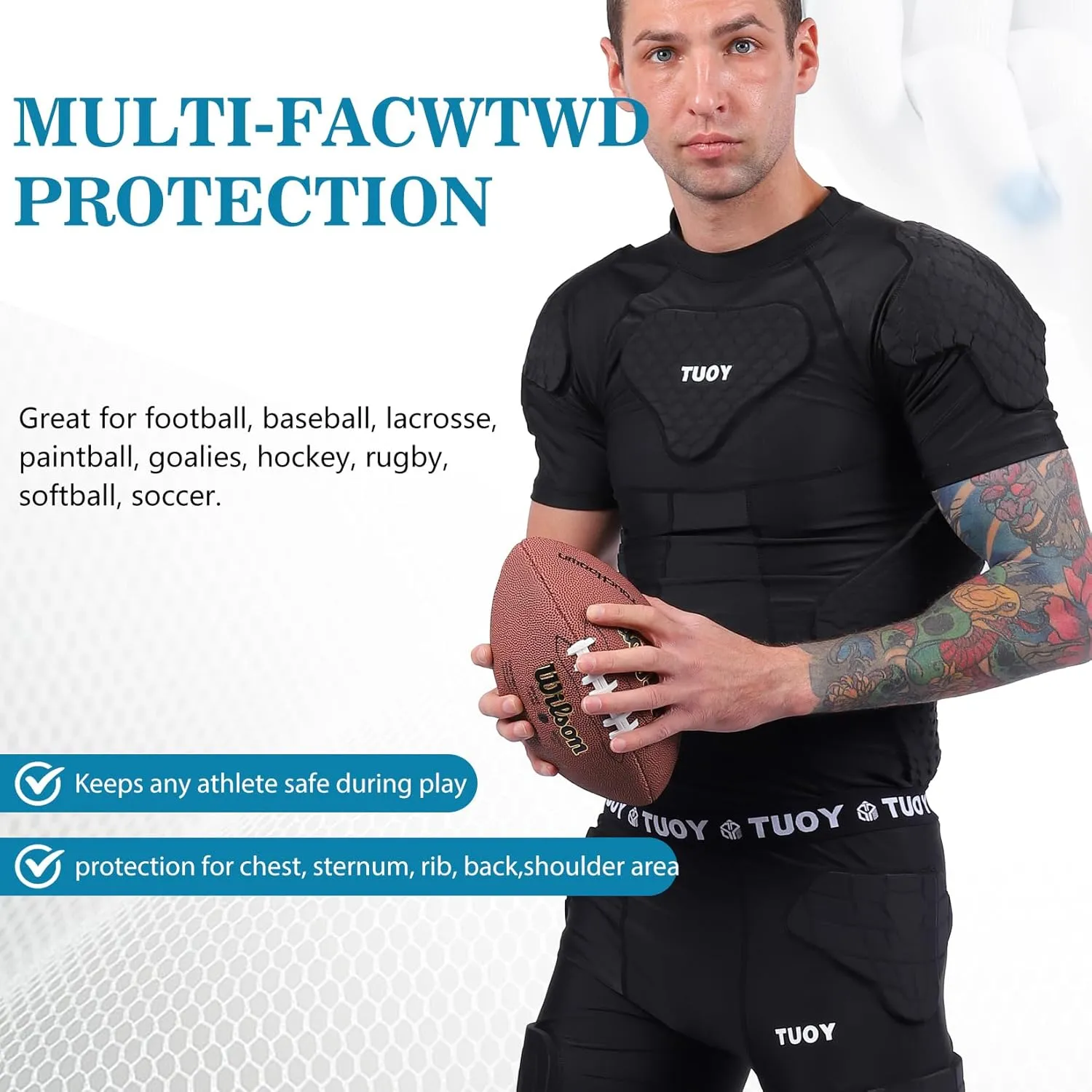 Mens Football Padded Shirt Chest Rib Protector Undershirt for Football Baseball Softball Rugby