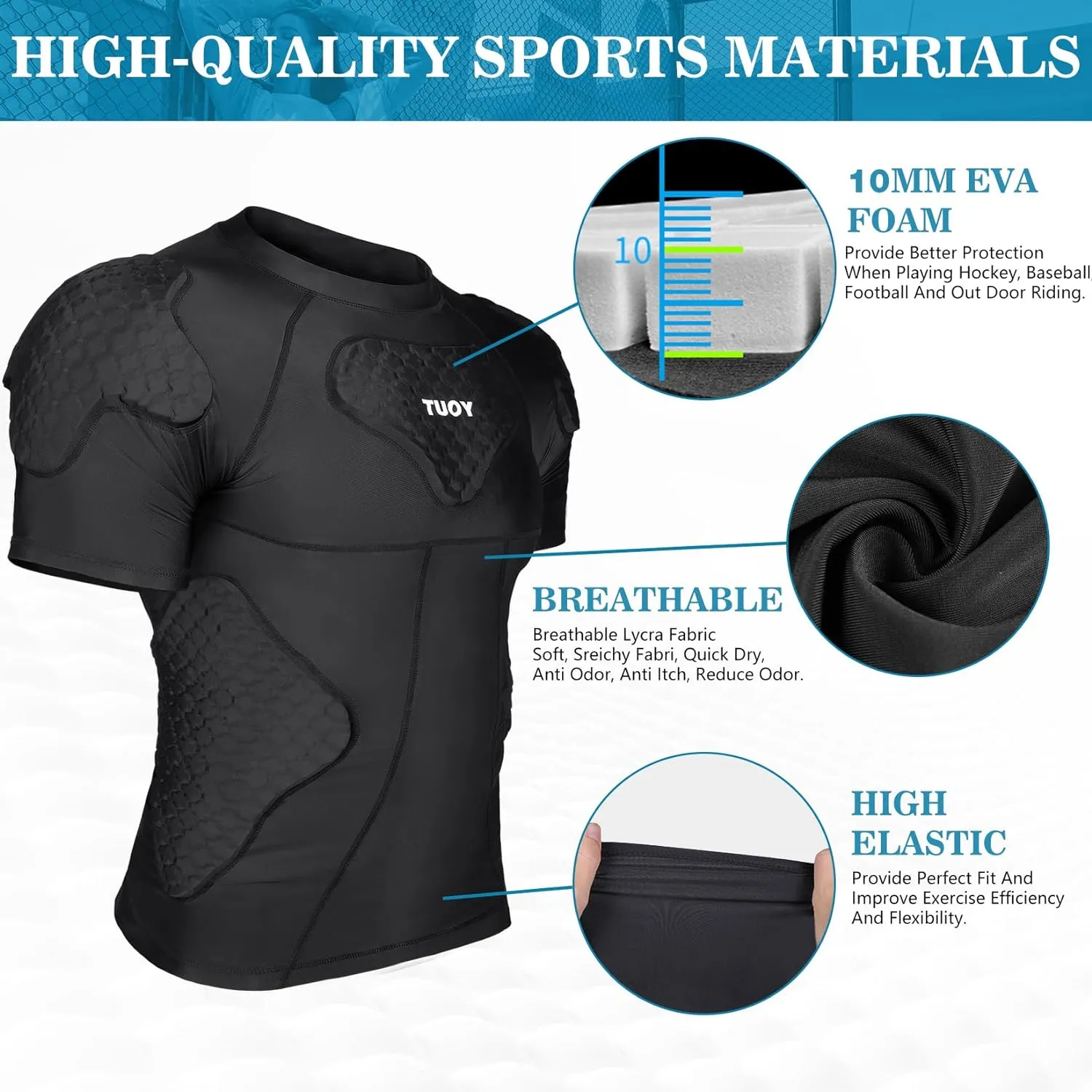 Mens Football Padded Shirt Chest Rib Protector Undershirt for Football Baseball Softball Rugby