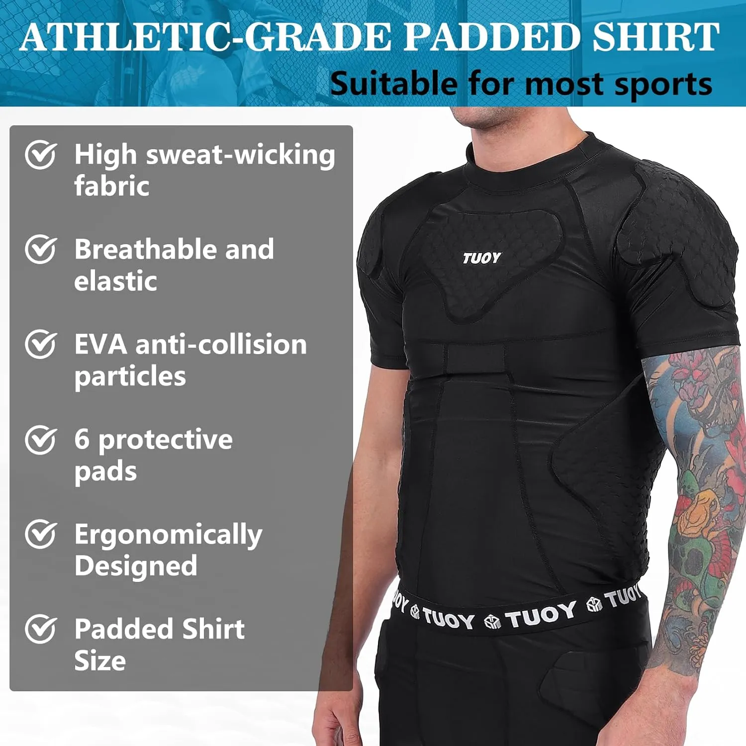 Mens Football Padded Shirt Chest Rib Protector Undershirt for Football Baseball Softball Rugby