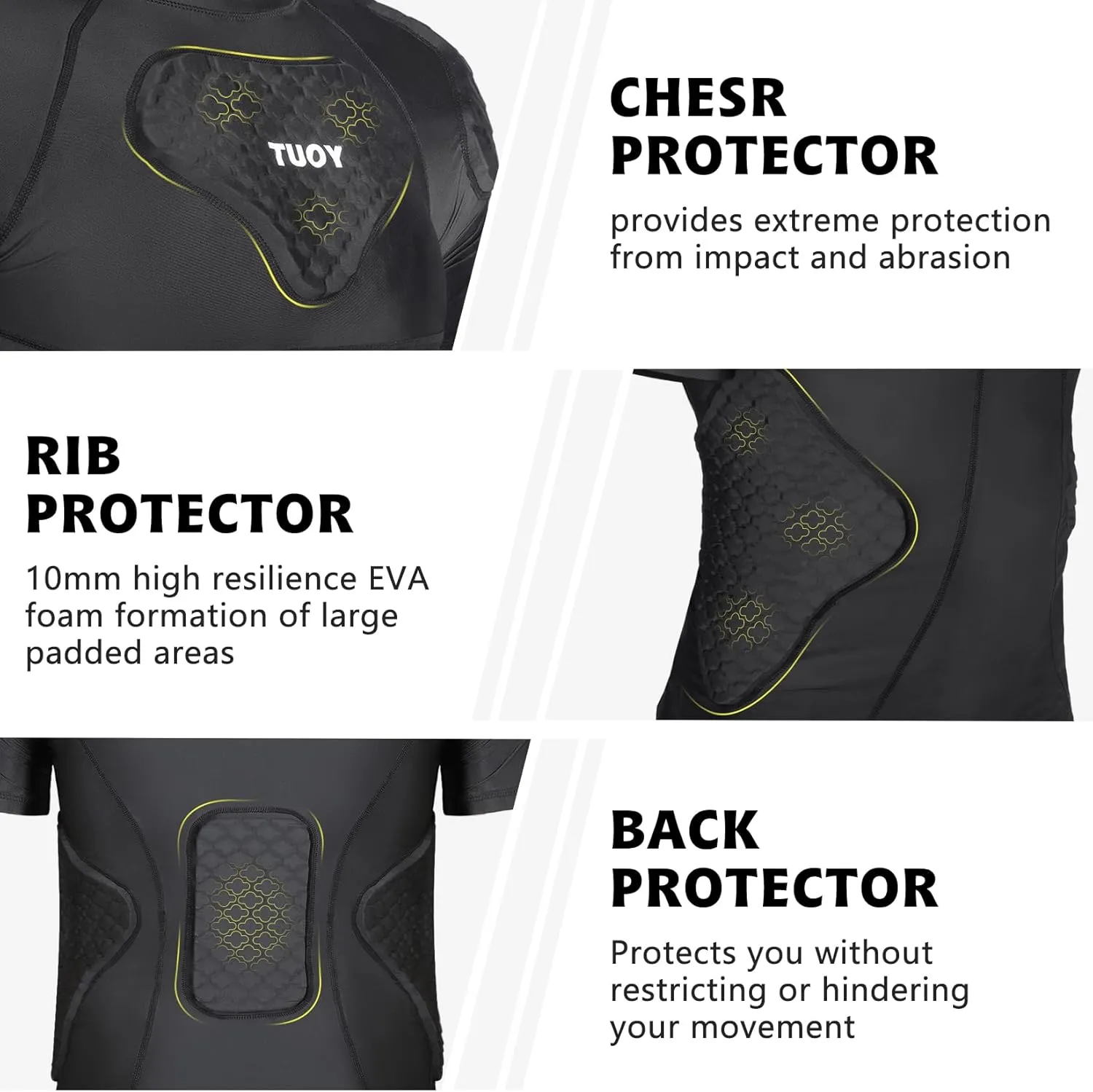 Mens Football Rib Protector with Pads Adult Protective Undershirt Heart Guard for Softball Rugby Lacrosse