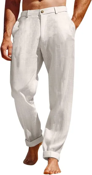 Men's Linen Pants Loose Fit Casual Summer Office Business Dress Pant Lightweight Baggy Beach Plain Vacation Trousers