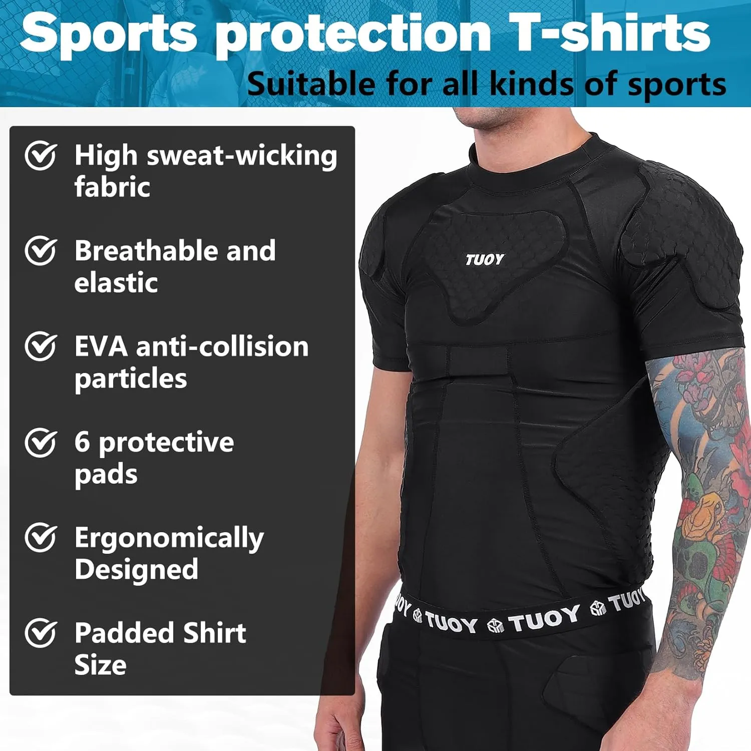 Men's Padded Shirt Football Chest Rib Protector Heart Sternum Guard Compression Shirt with Shoulder Back Rib Pads for Adult Football Basketball Baseball Softball Rugby
