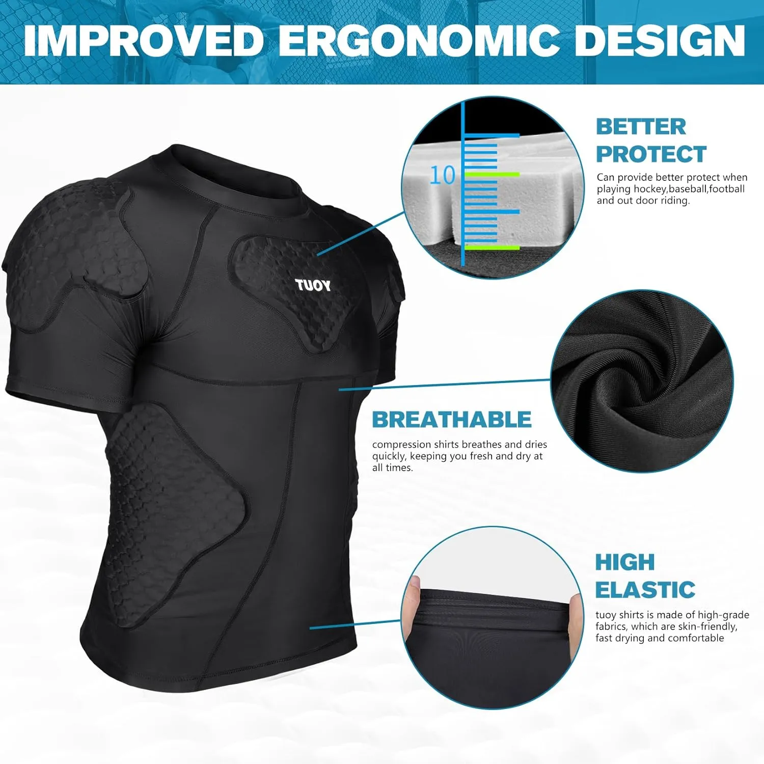 Men's Padded Shirt Football Chest Rib Protector Heart Sternum Guard Compression Shirt with Shoulder Back Rib Pads for Adult Football Basketball Baseball Softball Rugby